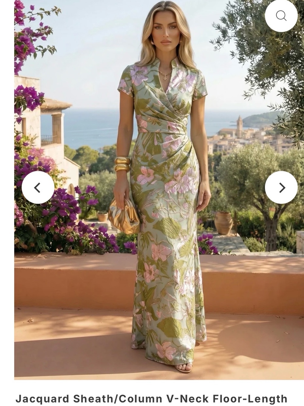 Elegant Olive & Pink Floral Jacquard V-Neck Floor-Length Dress